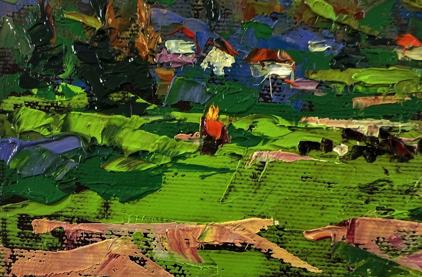 Vibrant impressionist oil painting by Oleksiy Ivanyuk: rural mountains