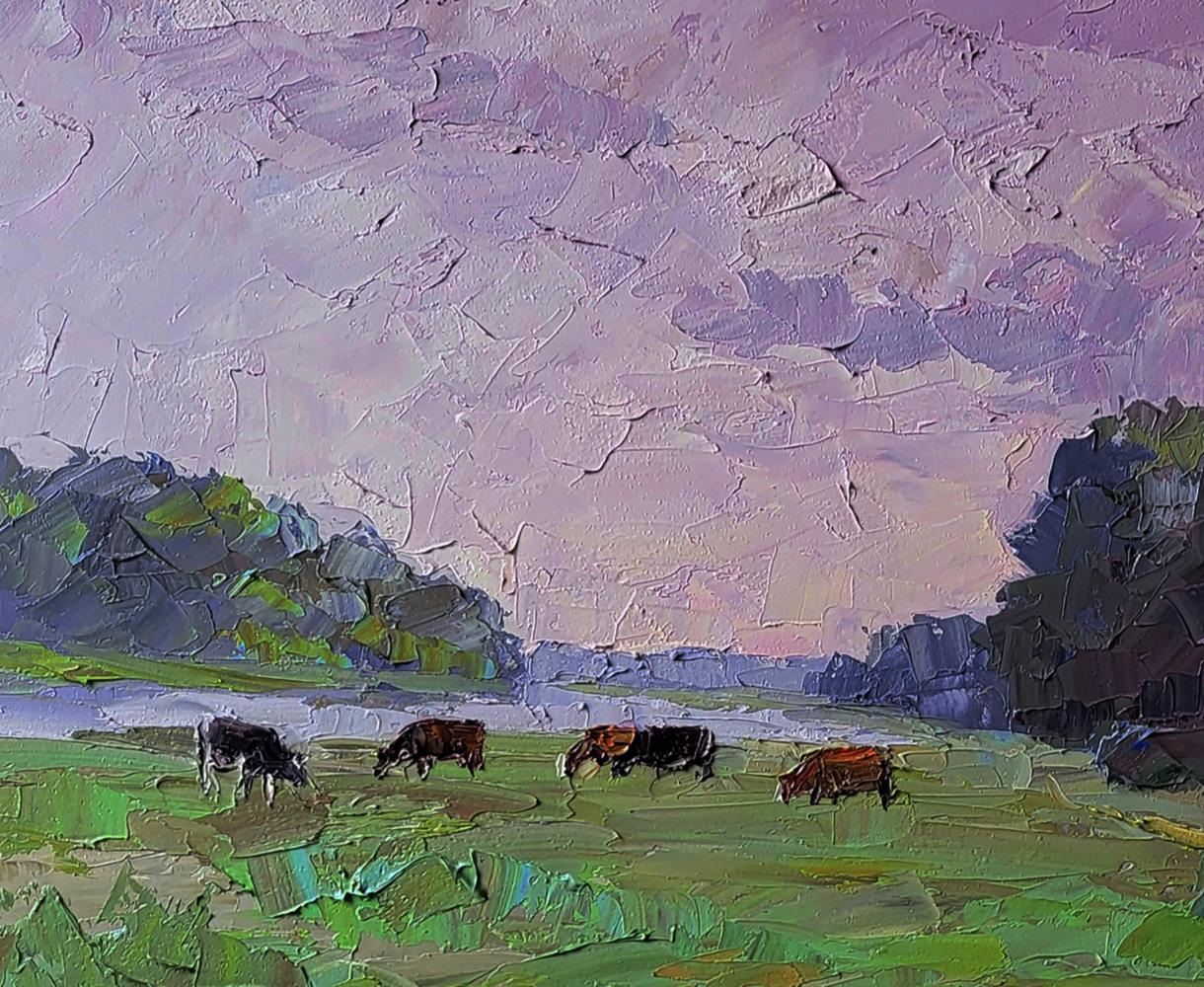 Oil painting Cows in the field by Boris Serdyuk, impressionist pastoral scene
