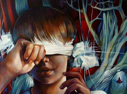 Oil painting of child with brown hair, blindfolded eyes, Silver Buddha by Konsta G. Amelinn