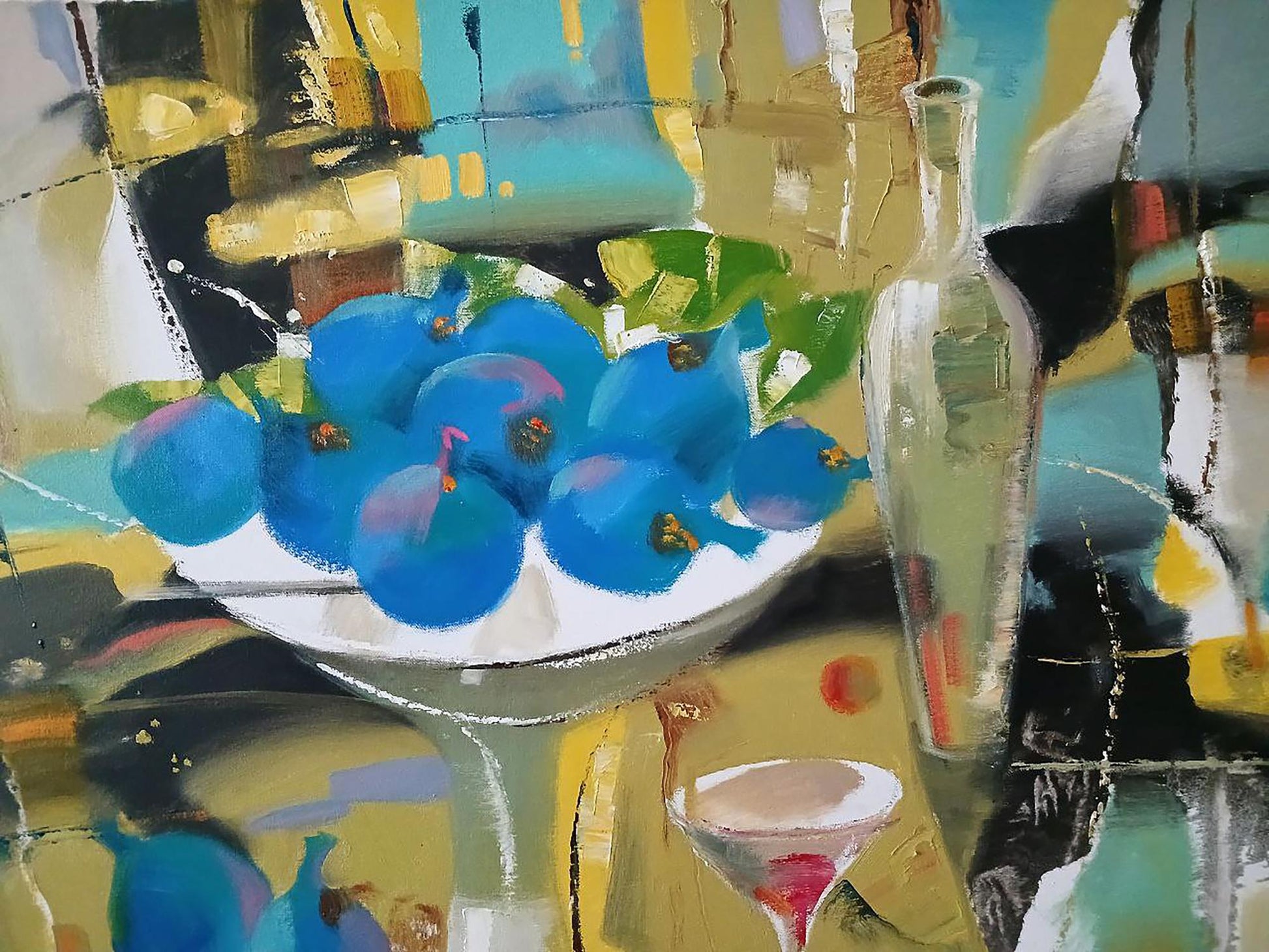 Abstract oil painting of vibrant blue berry bowl by Anatoly Tarabanov