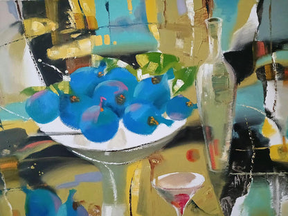 Abstract oil painting of vibrant blue berry bowl by Anatoly Tarabanov