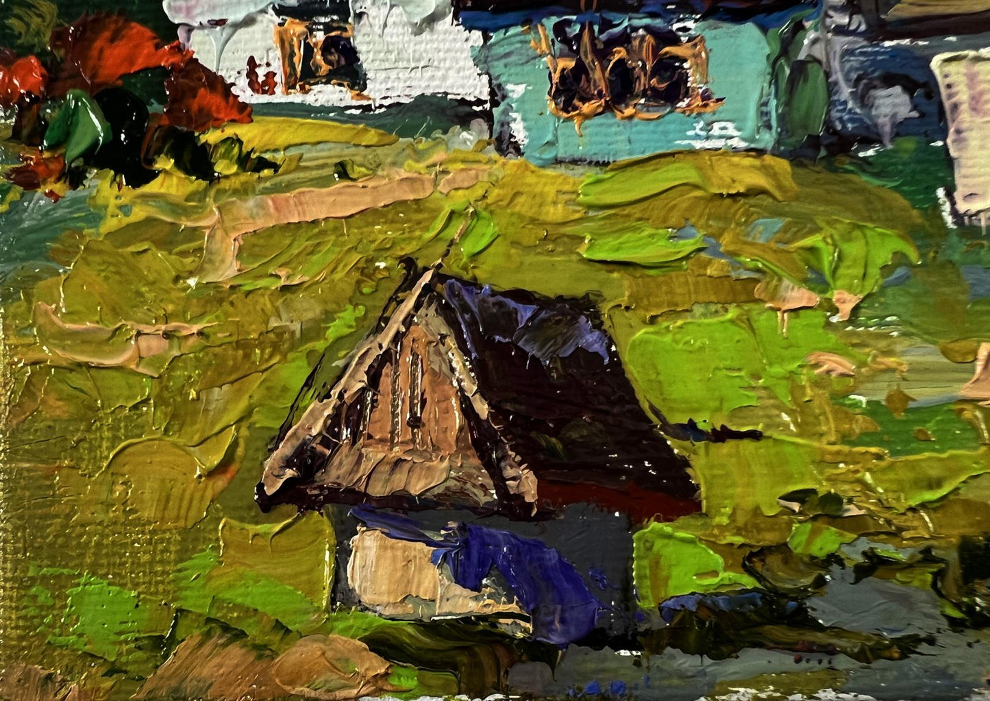 Oil painting of Oksana Ivanyuk quiet village courtyard in rustic cabin fields
