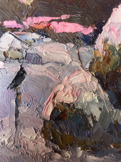 Oil painting Moonlit frosty night by Oksana Ivanyuk with pink impasto brushstrokes