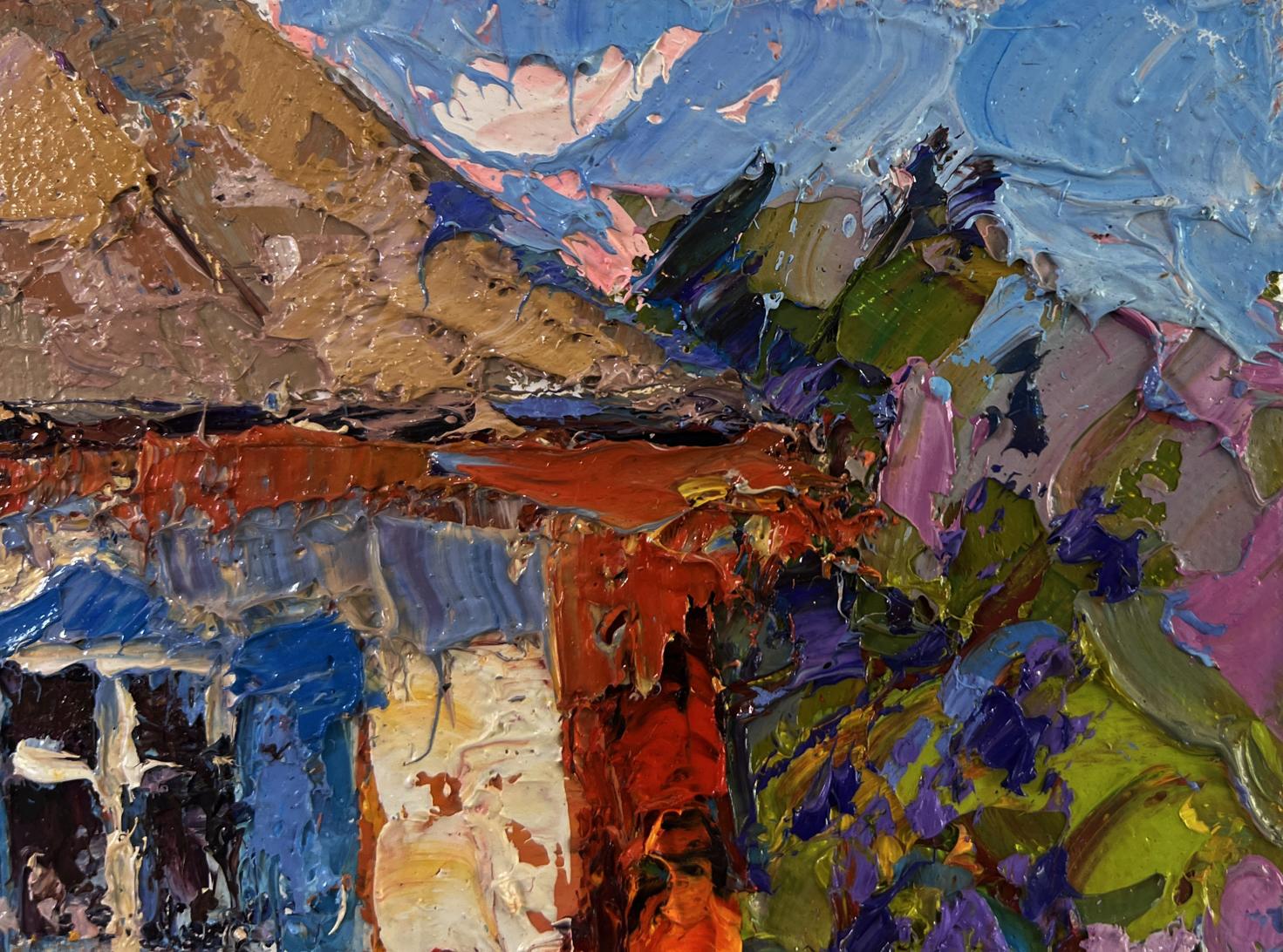 Oil painting Warm in every ray and smile by Oksana Ivanyuk with vibrant blues, earth tones and lush foliage
