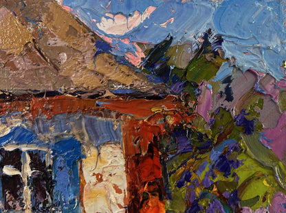 Oil painting Warm in every ray and smile by Oksana Ivanyuk with vibrant blues, earth tones and lush foliage