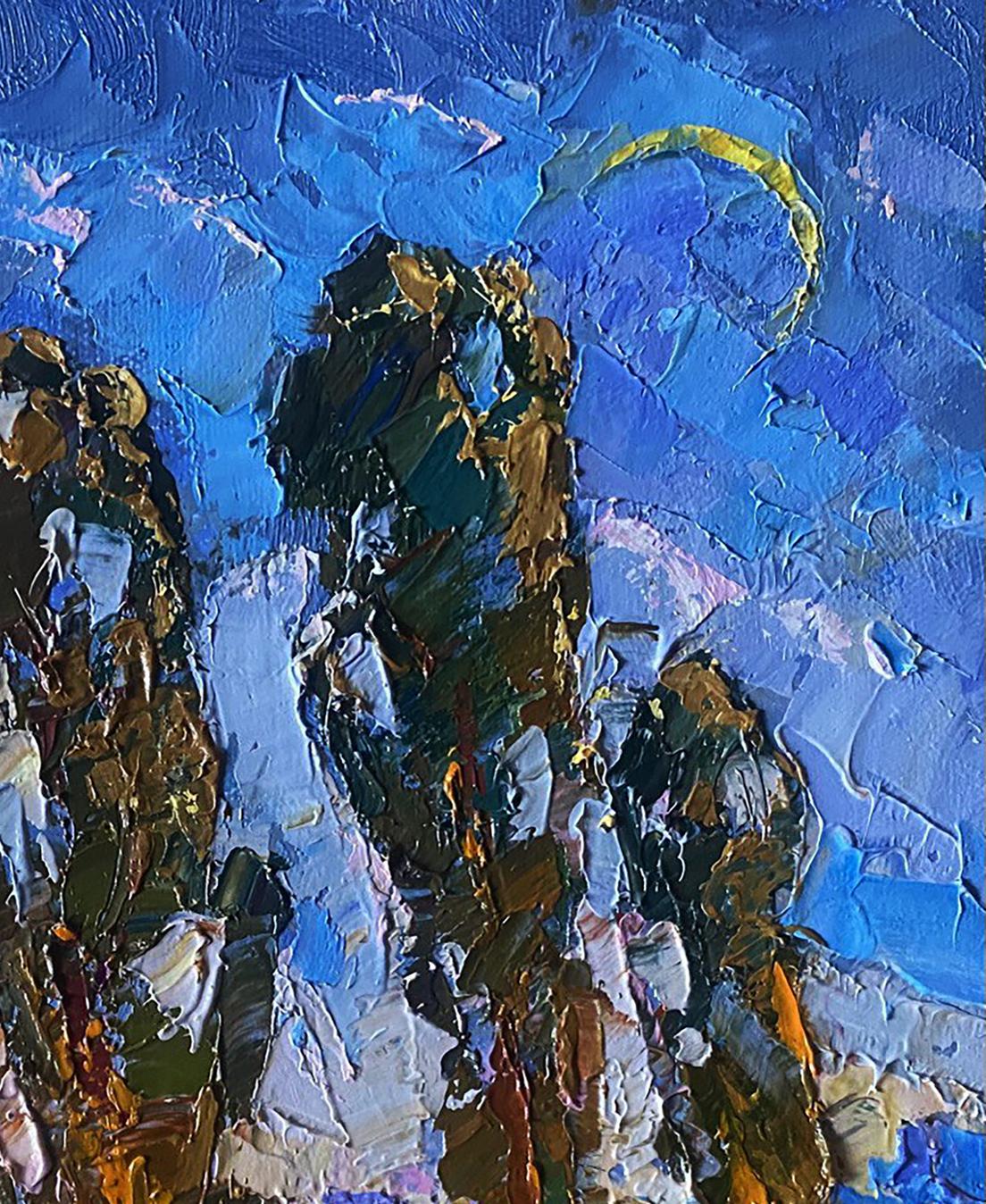 Oil painting On the Road by Oksana Ivanyuk, dark silhouette on vibrant blue sky