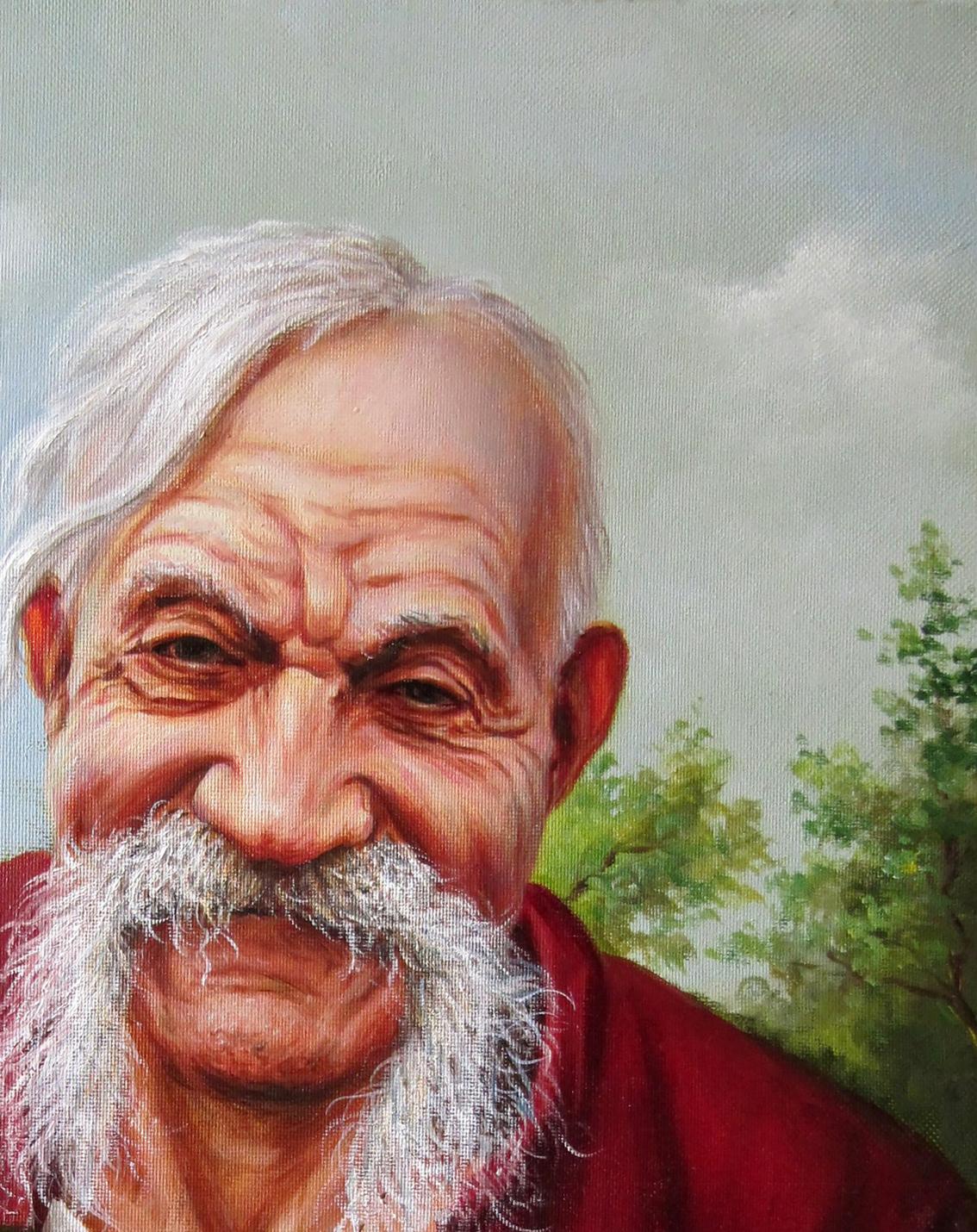 Oil painting We will Valeriy Bulat: elderly man with white beard in red garment