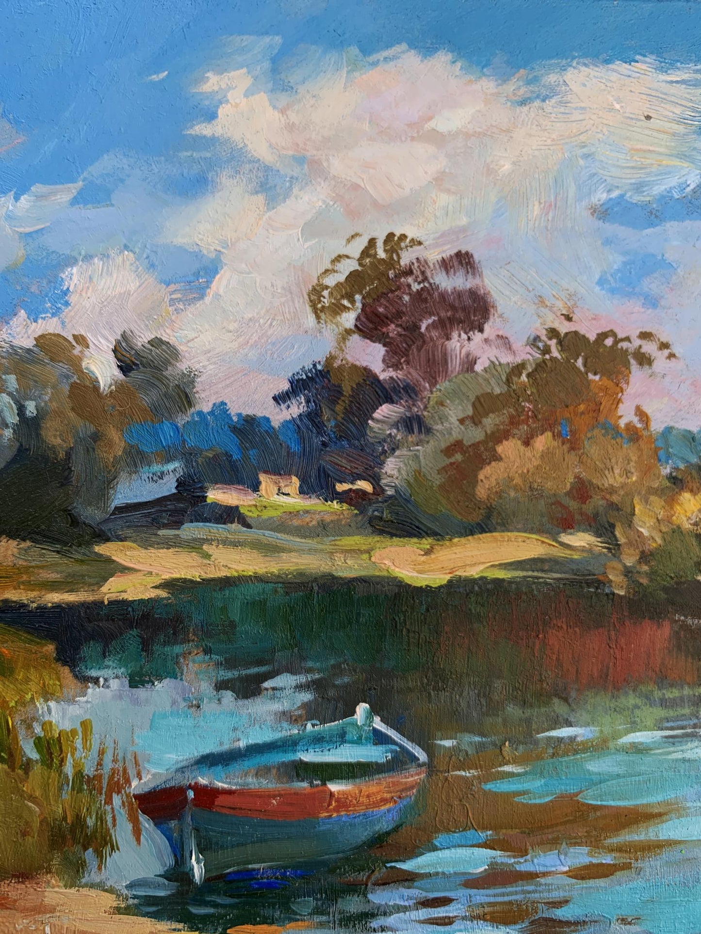 Oil painting of red-and-blue rowboat preparing for fishing by Yuriy Suprunchuk