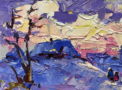 Oil painting Romantic winter evening by Oleksiy Ivanyuk: bare tree in vibrant textured sky