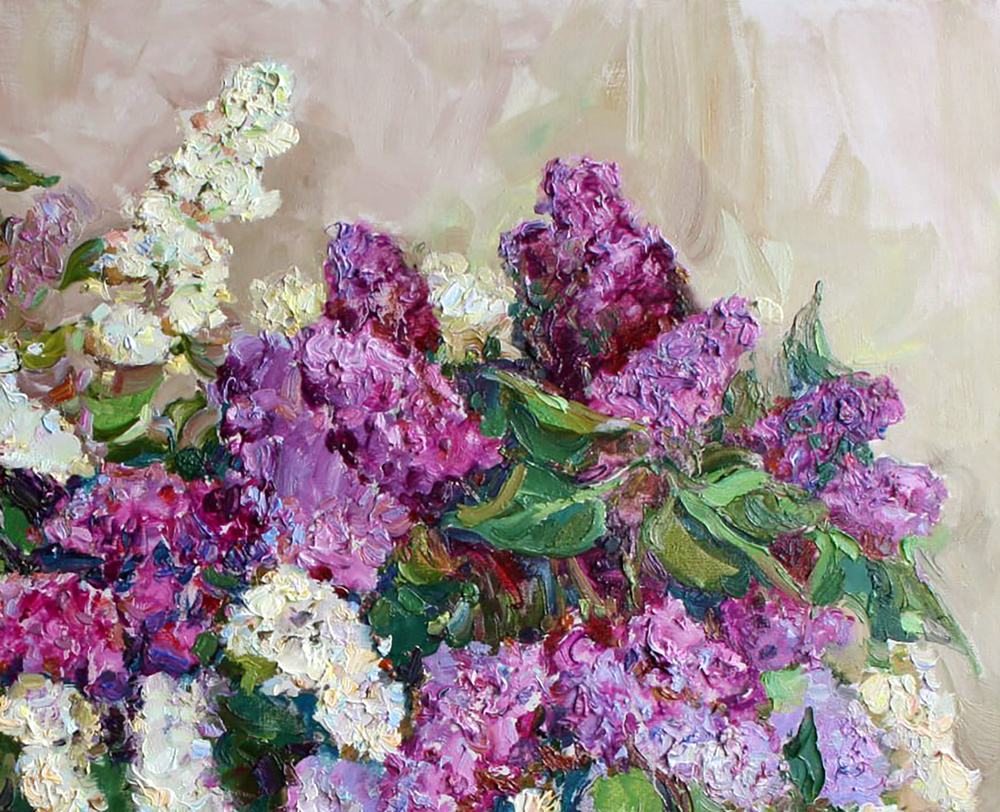 Oil painting Lilac by Leonid Pavlenko with vibrant purple impasto blossoms
