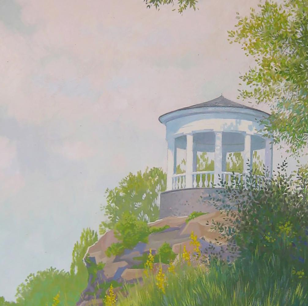 White octagonal gazebo in summer morning park acrylic painting by Valery Savenets