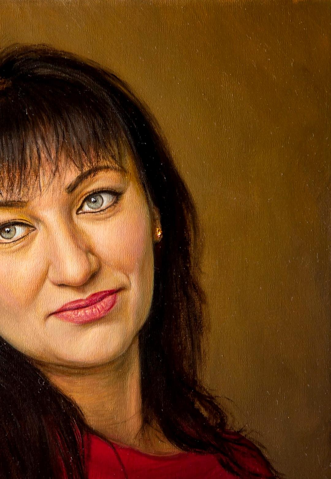 Oil painting Carol by Valeriy Bulat: woman with dark hair, green eyes, red top