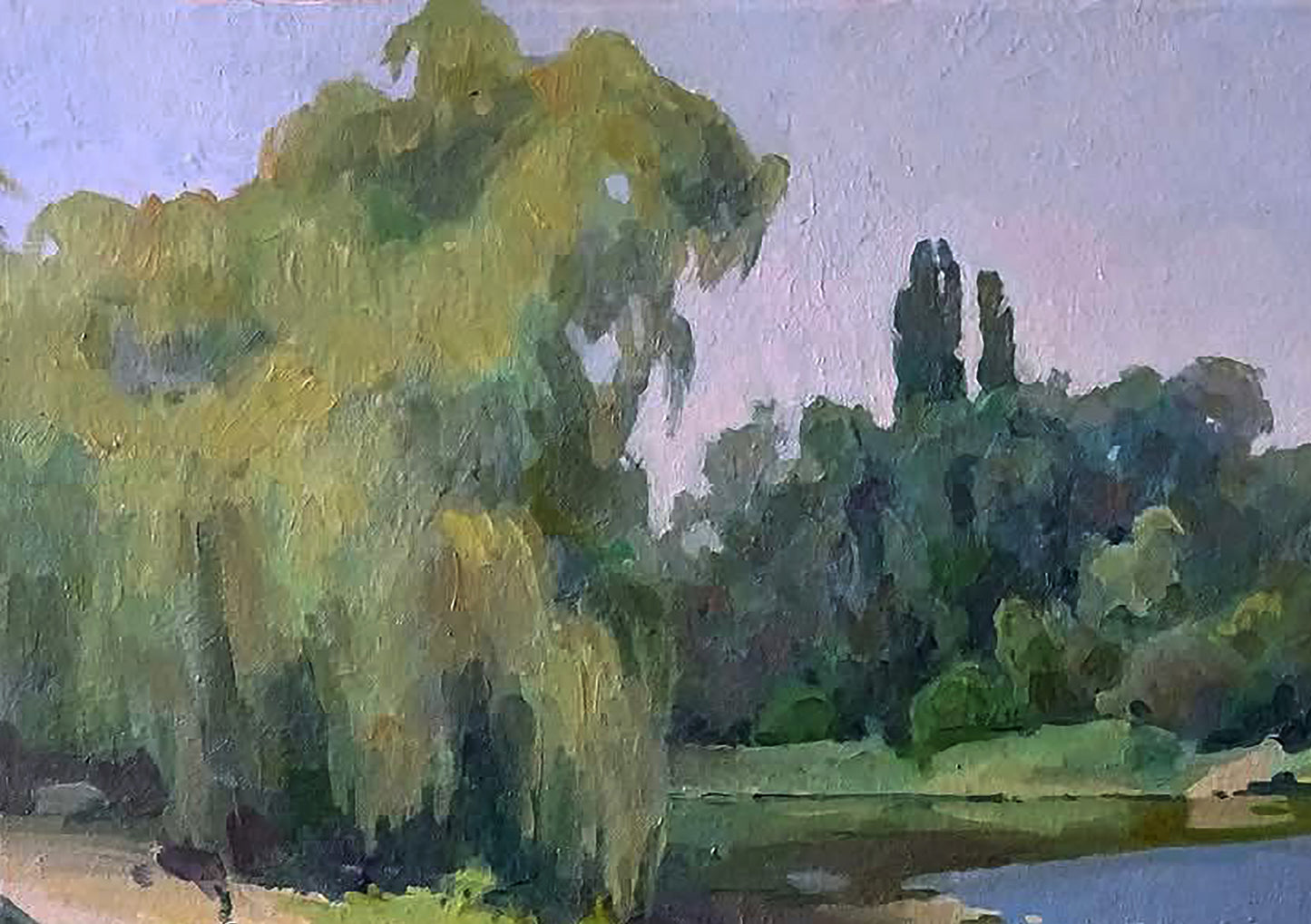 Oil painting Near the summer river by Anastasia Yaroshevich lush willow by water
