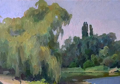 Oil painting Near the summer river by Anastasia Yaroshevich lush willow by water