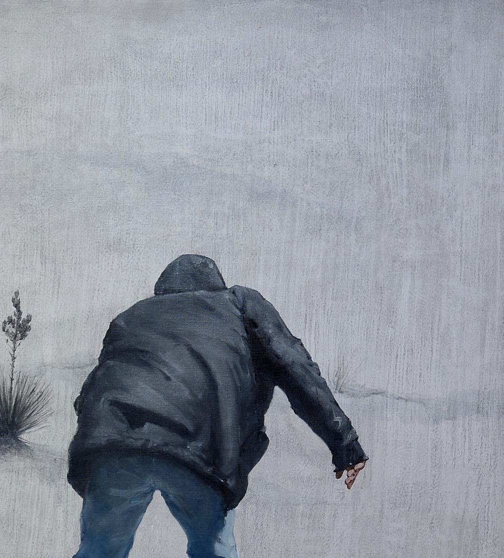Oil painting Escape from Reality by Oleg Kateryniuk: hooded figure in desolate landscape