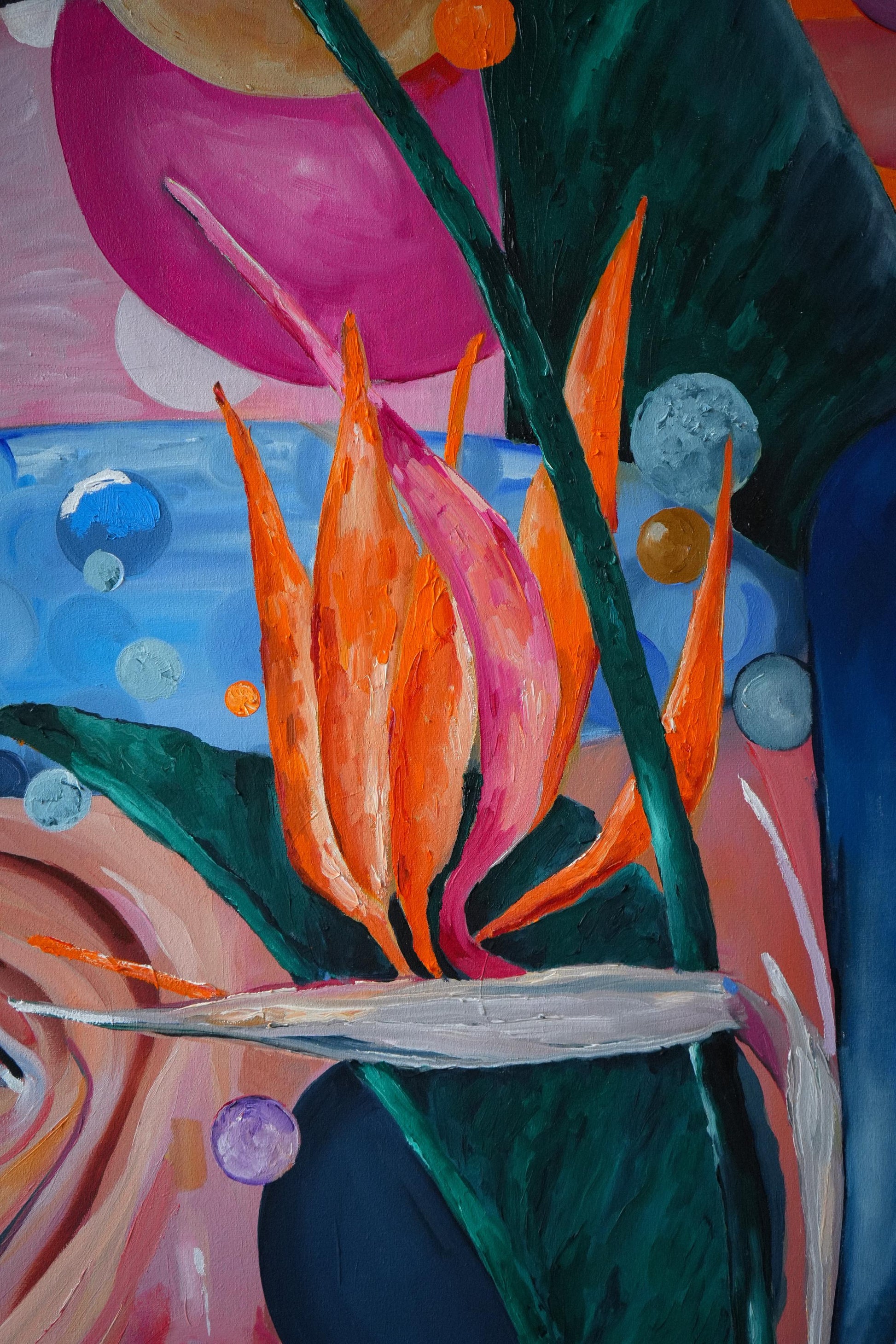 Vibrant orange pink bird of paradise oil painting by Victoria Kagalovska
