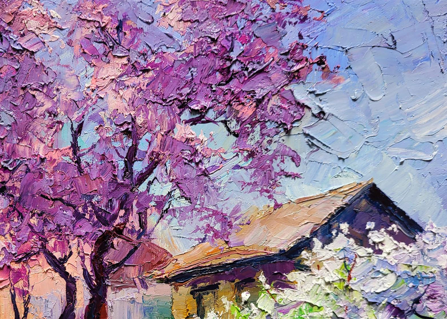 Vibrant impressionist oil painting by May Boris Serdyuk: purple pink tree blossoms blue sky