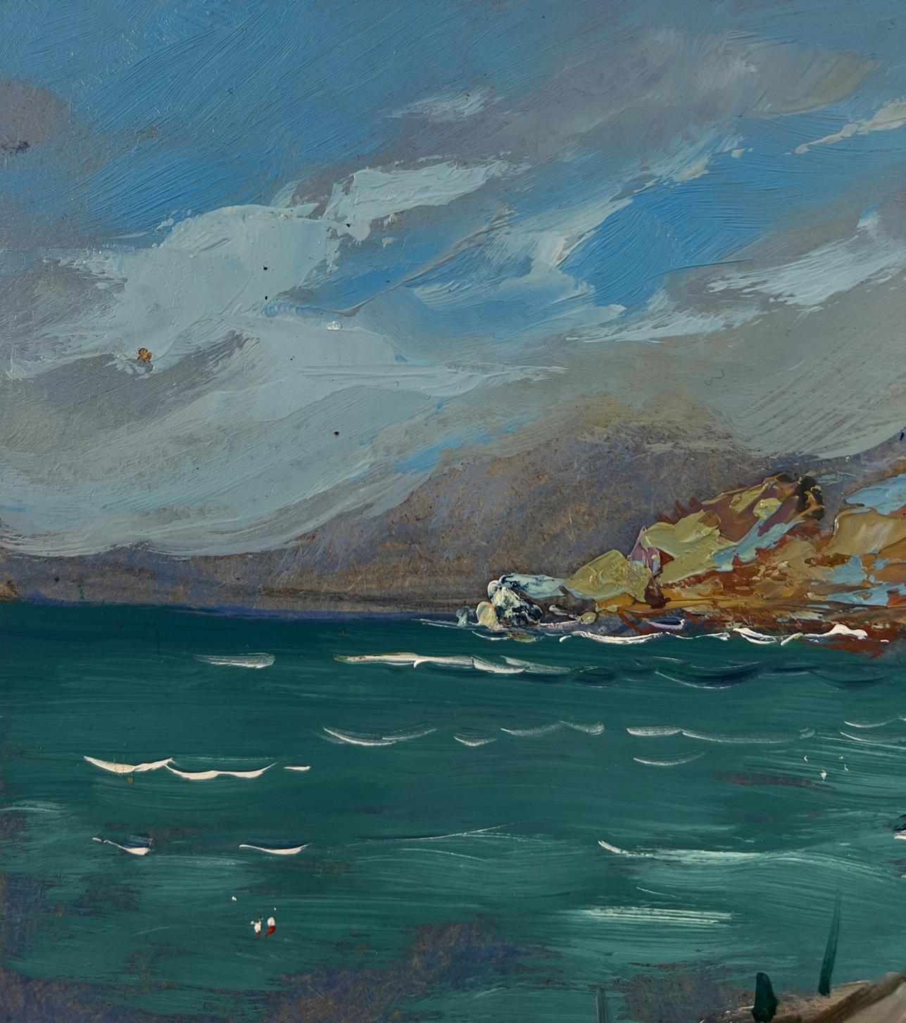 Oil painting Boats on the seashore by Yuriy Suprunchuk: turbulent teal coastal scene