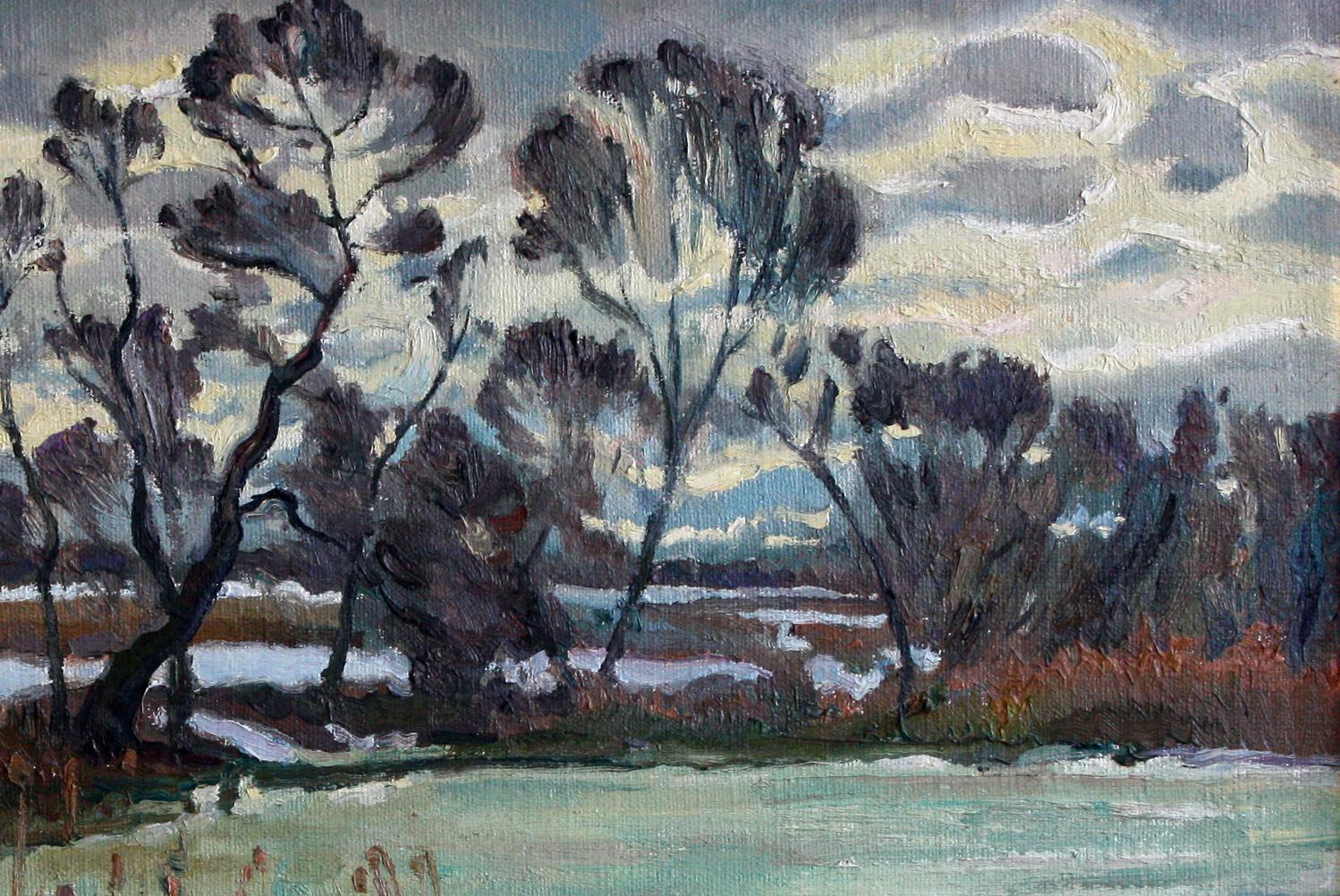 Oil painting Thaw by Leonid Pavlenko: wintry landscape with gnarled trees