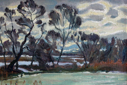 Oil painting Thaw by Leonid Pavlenko: wintry landscape with gnarled trees