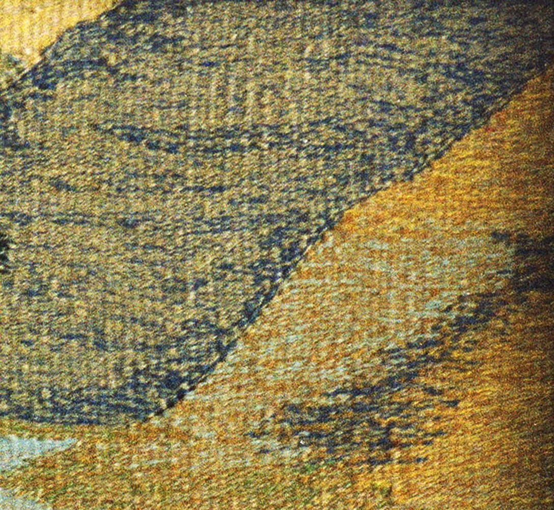 Handmade Vasily Korkishko tapestry rug with textured earthy blue gold beige weave