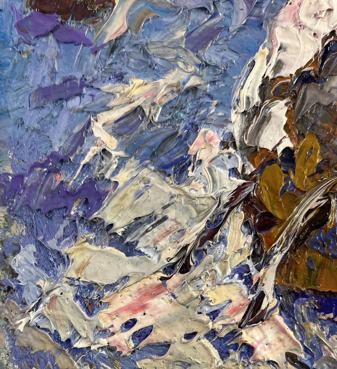 Oleksiy Ivanyuk oil painting of snow enveloping forest in blue impasto