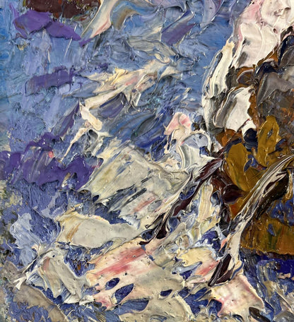 Oleksiy Ivanyuk oil painting of snow enveloping forest in blue impasto