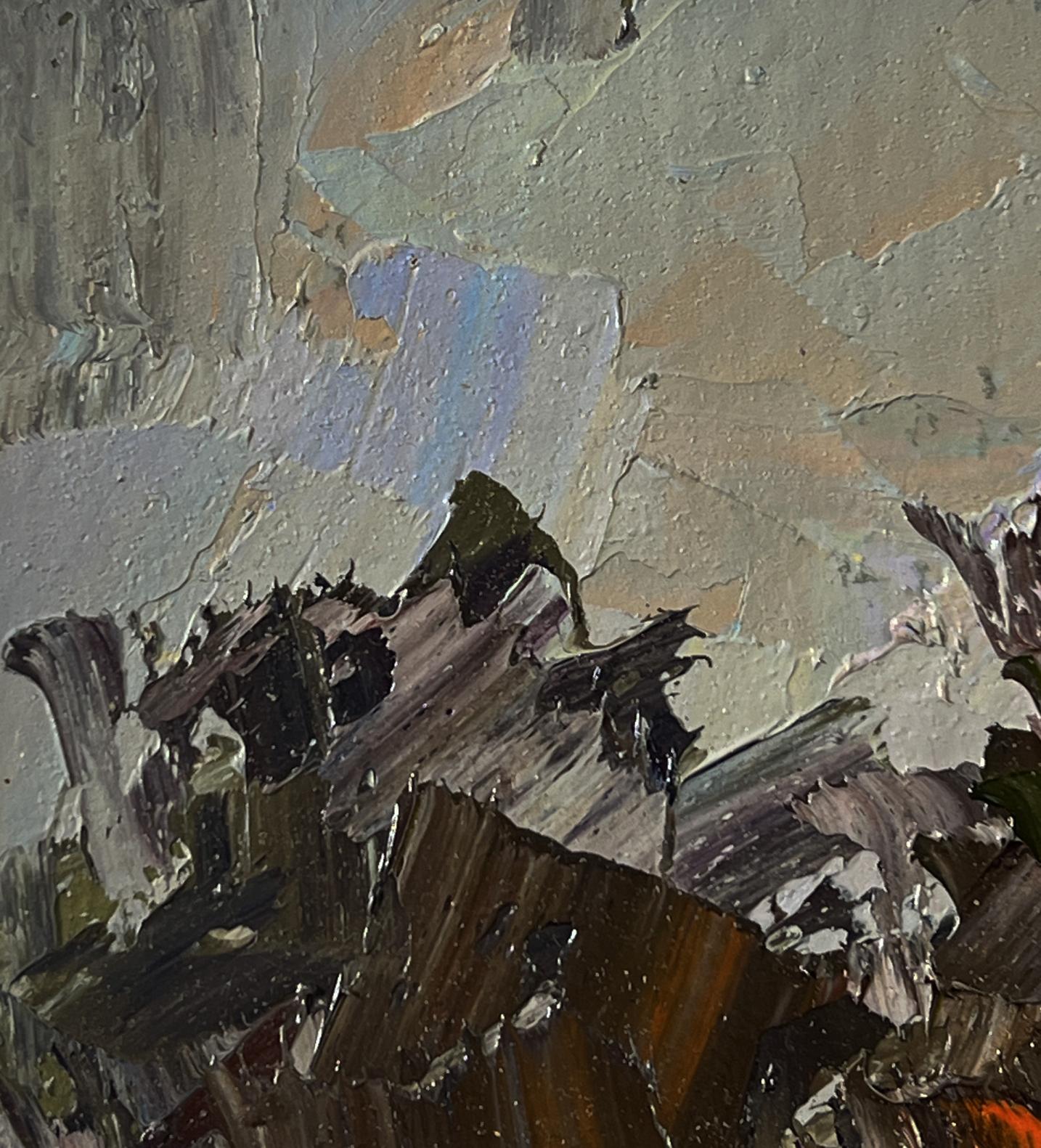 Oil painting Road to the autumn forest by Boris Serdyuk, textured impasto grays and browns