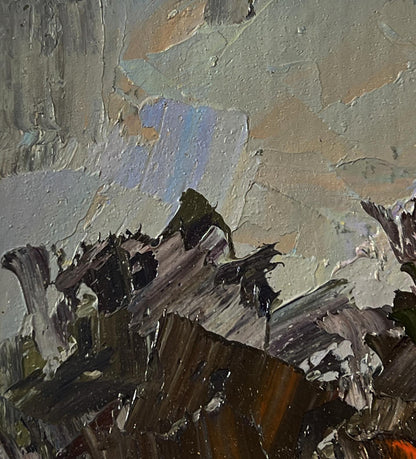Oil painting Road to the autumn forest by Boris Serdyuk, textured impasto grays and browns