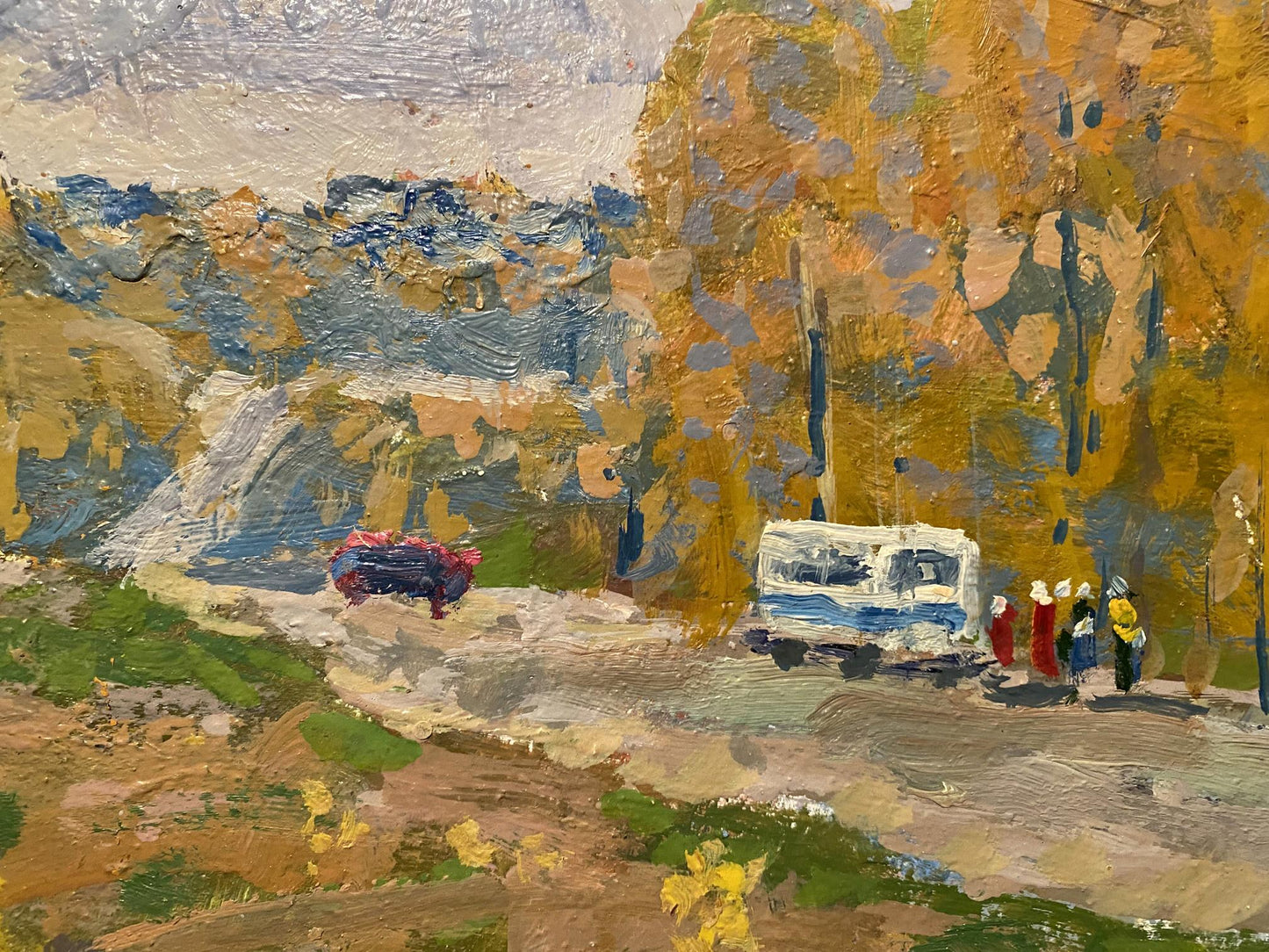 Oil painting Autumn by Georgy Kolosovsky: white blue van on dirt road under autumn trees