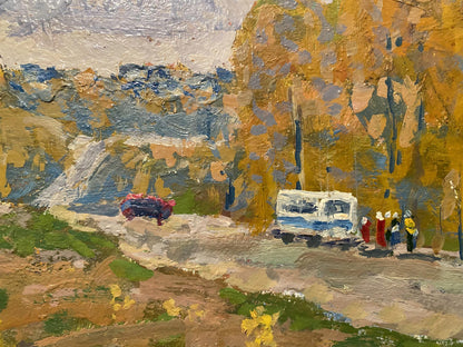 Oil painting Autumn by Georgy Kolosovsky: white blue van on dirt road under autumn trees