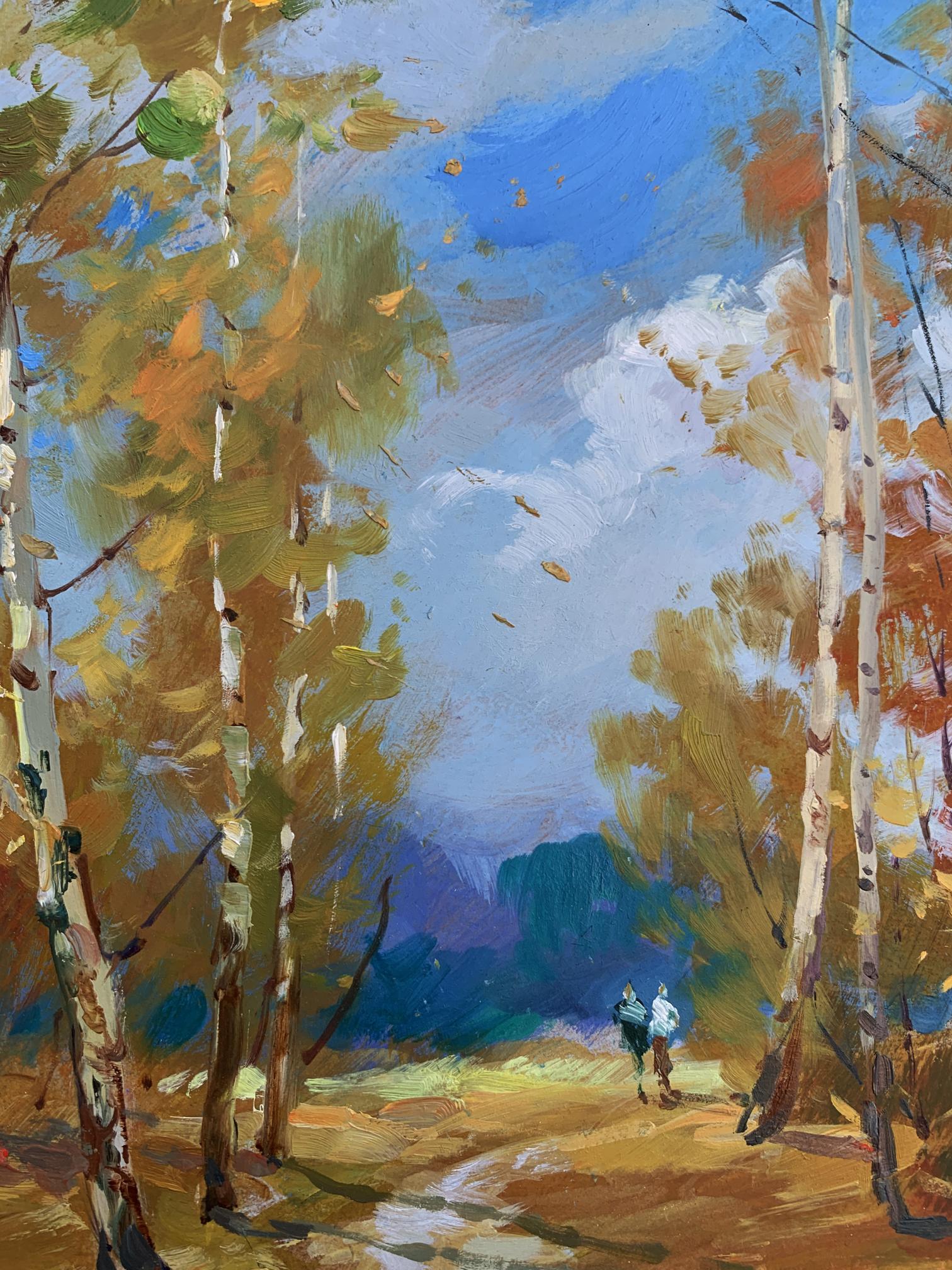 Oil painting of jogging through autumn birch forest by Yuriy Suprunchuk