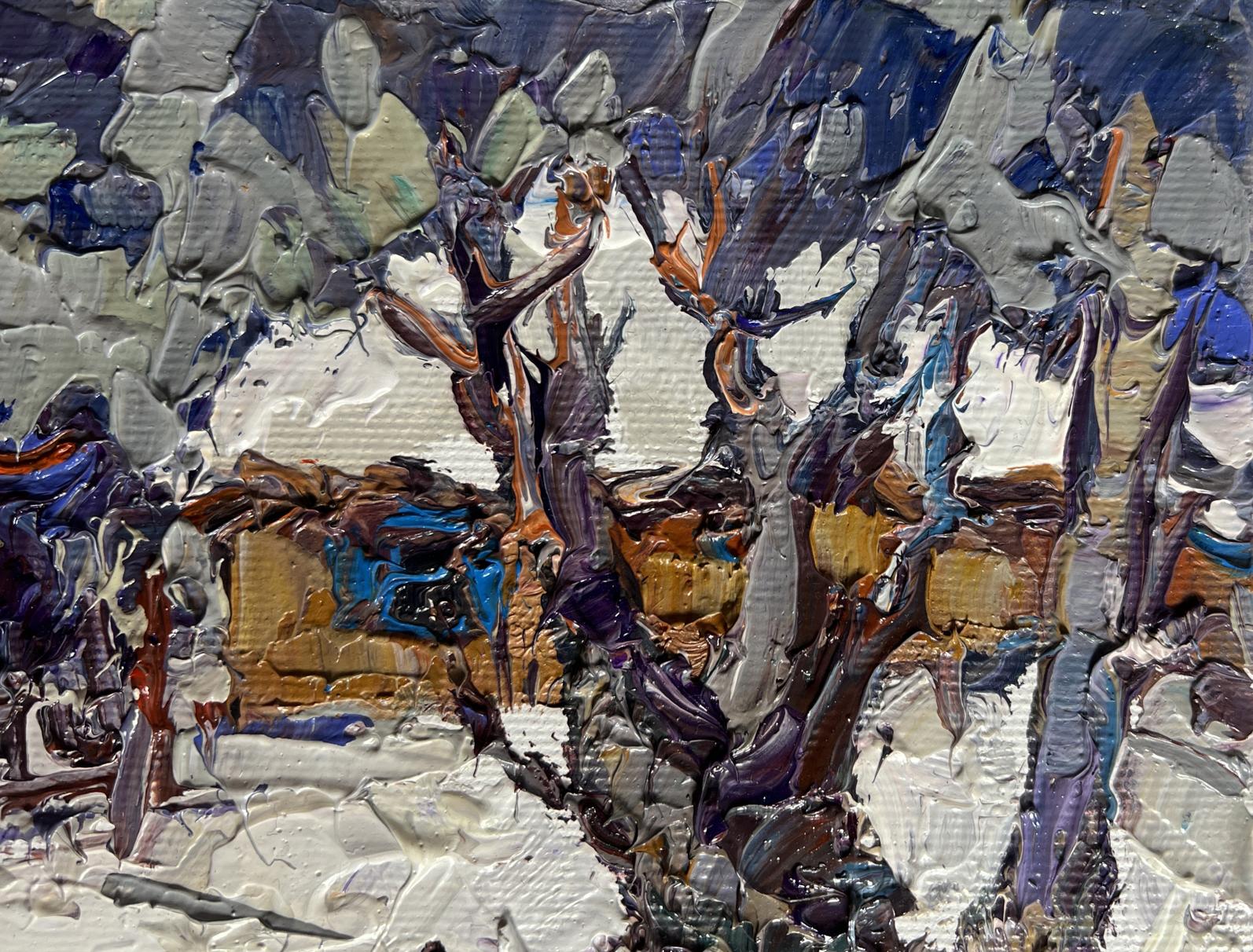 Oil painting Bullfinch in snowy yard by Oksana Ivanyuk