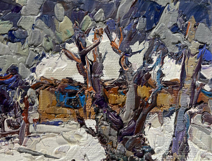 Oil painting Bullfinch in snowy yard by Oksana Ivanyuk