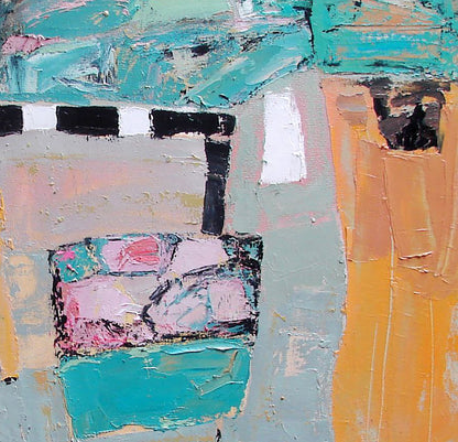 Oil painting Its just a game by Tatyana Shulyak in teal pink orange black