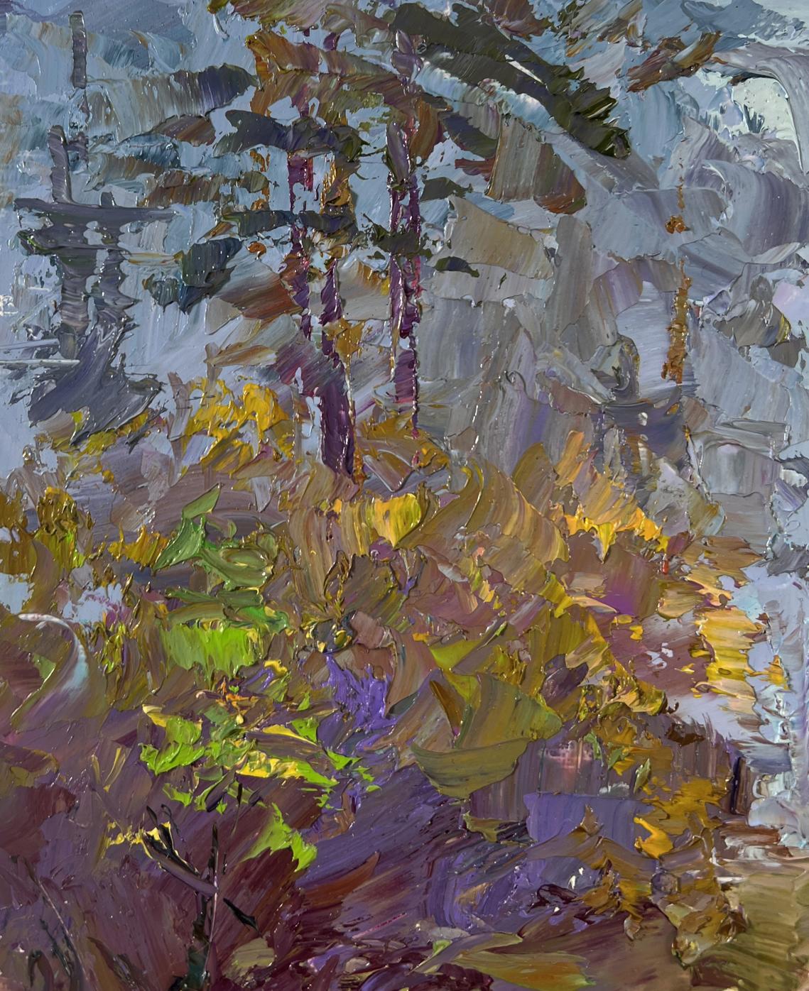 Impressionistic oil painting of autumn mushroom season trees by Boris Serdyuk