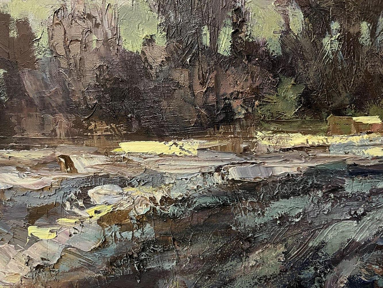 Impressionistic oil painting of riverbank by Volodymyr Pashchenko, Outside the village