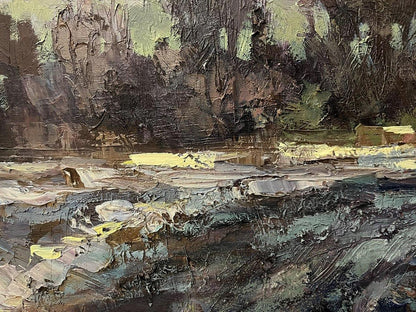 Impressionistic oil painting of riverbank by Volodymyr Pashchenko, Outside the village
