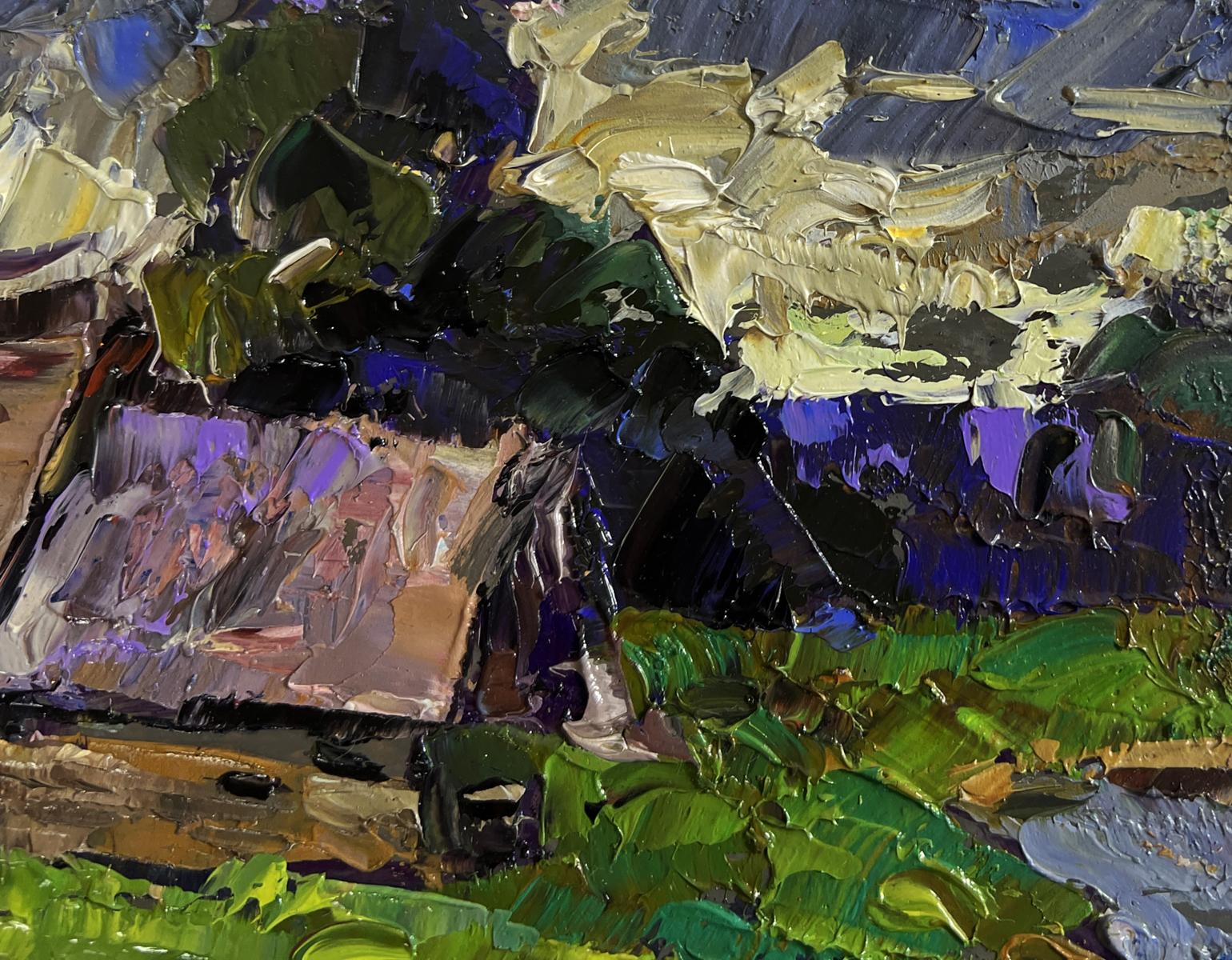 Oil painting Evening cold breeze by Oleksiy Ivanyuk, textured rustic house