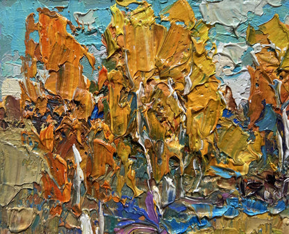 Oil painting Autumn sunny day by Oksana Ivanyuk, impasto golden yellow strokes on blue backdrop