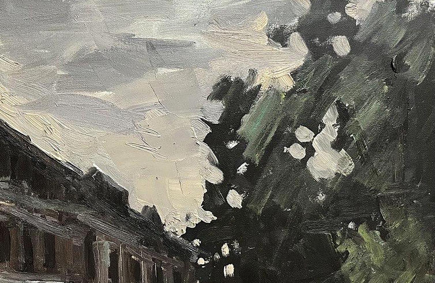 Textured oil painting of dark leafy tree by Volodymyr Pashchenko