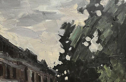 Textured oil painting of dark leafy tree by Volodymyr Pashchenko