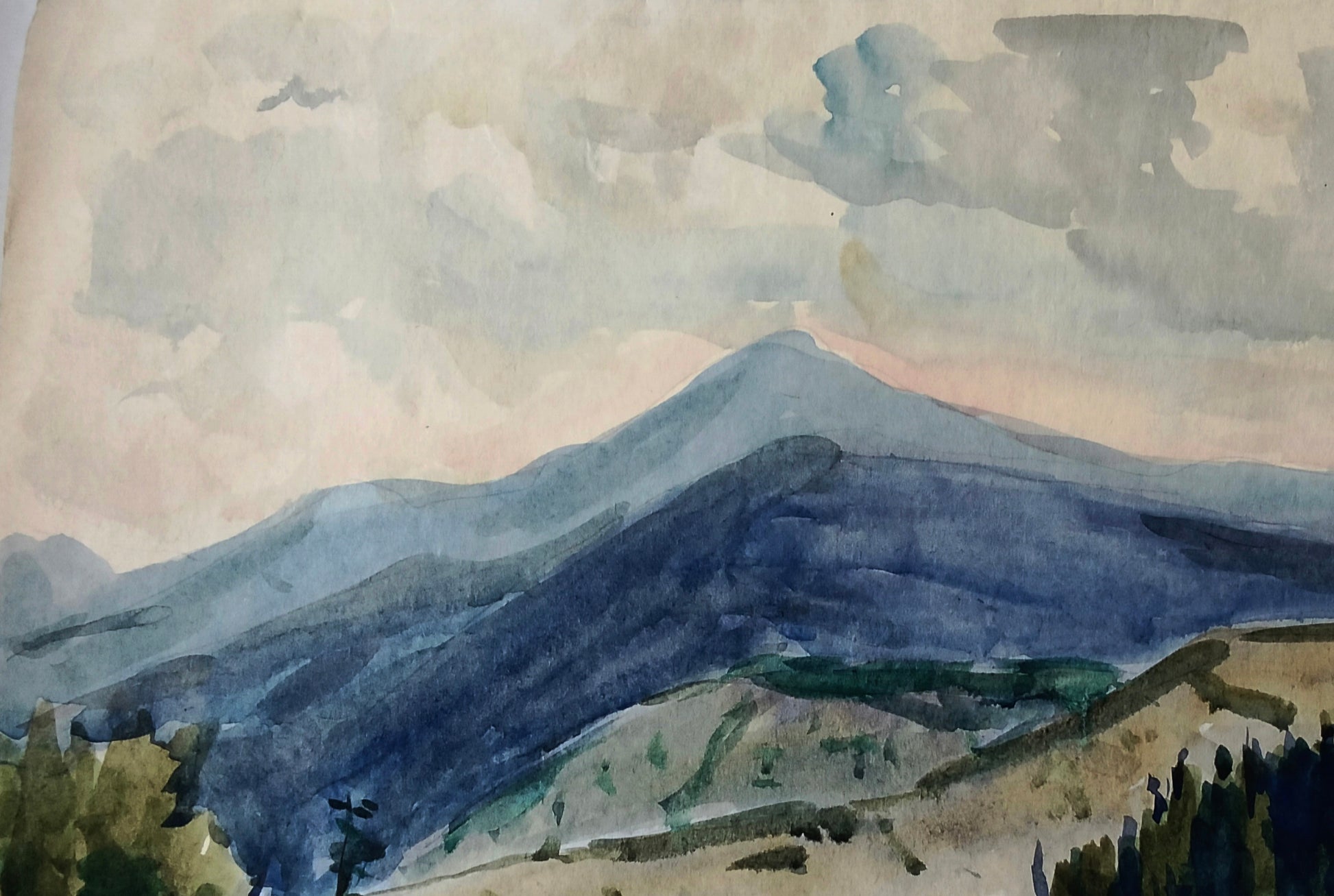 Watercolor painting of forests meeting mountains by Vitaly Duhnevich