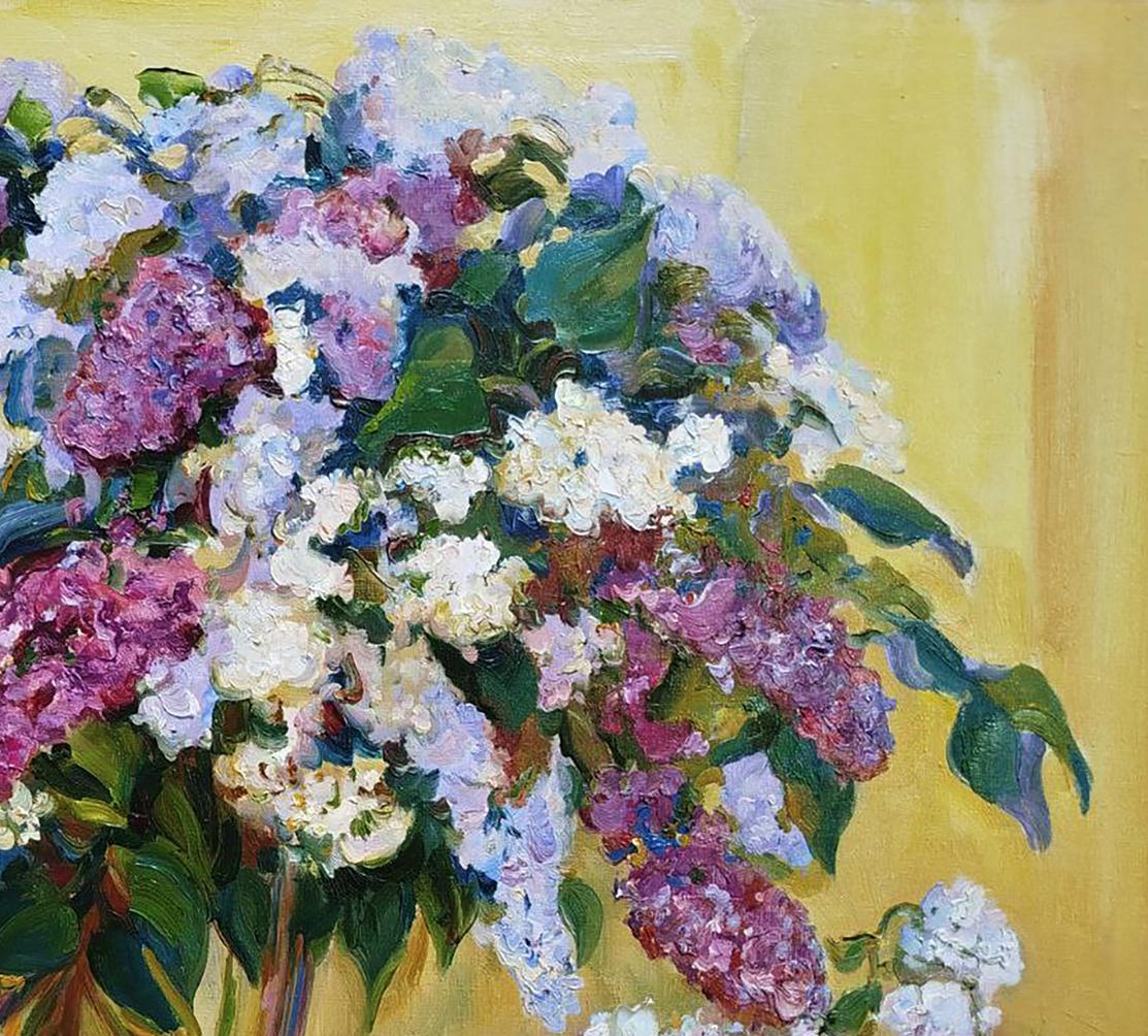 Vibrant lilac bouquet oil painting on golden background by Leonid Pavlenko