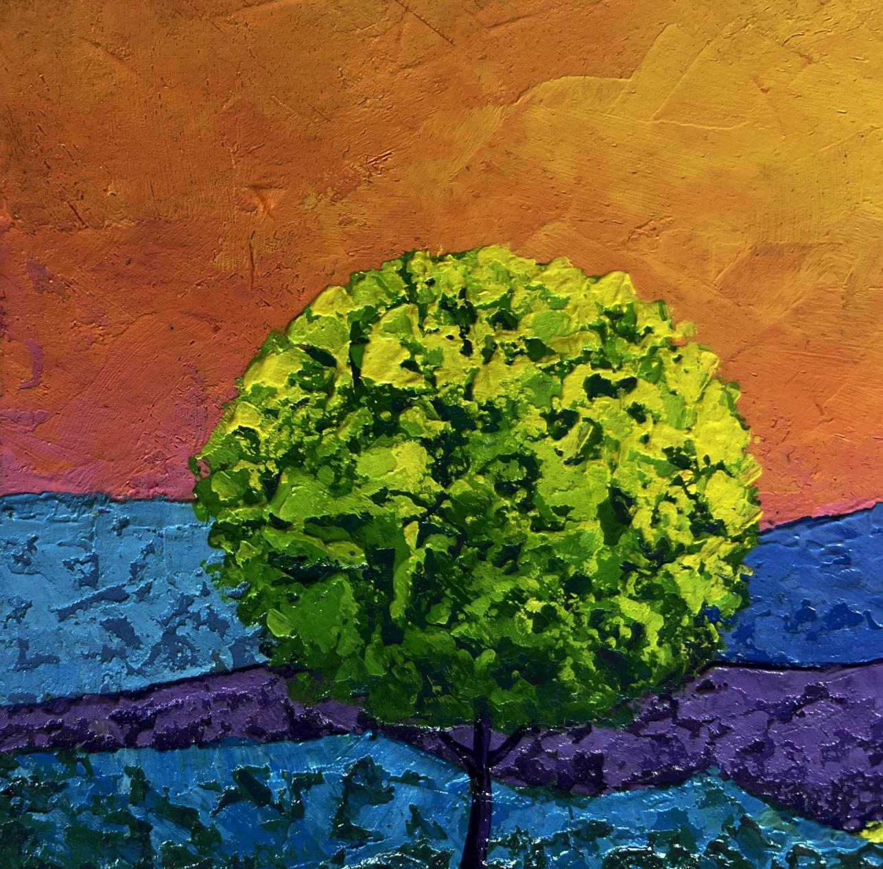 Oil painting Romantic flaming evening by V. Zadorozhnya: vibrant green tree on colorful sunset background