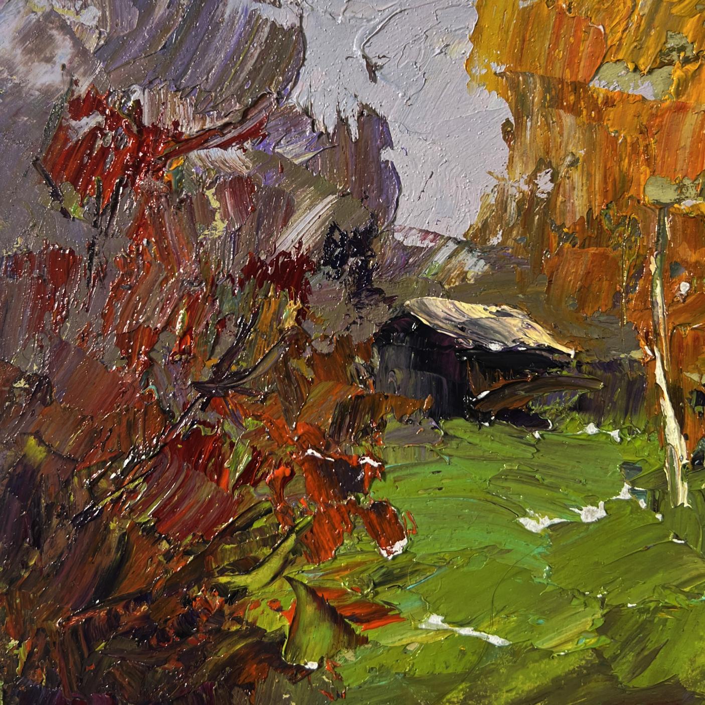 Oil painting of rainy day road by Boris Serdyuk, rustic cabin in autumn trees