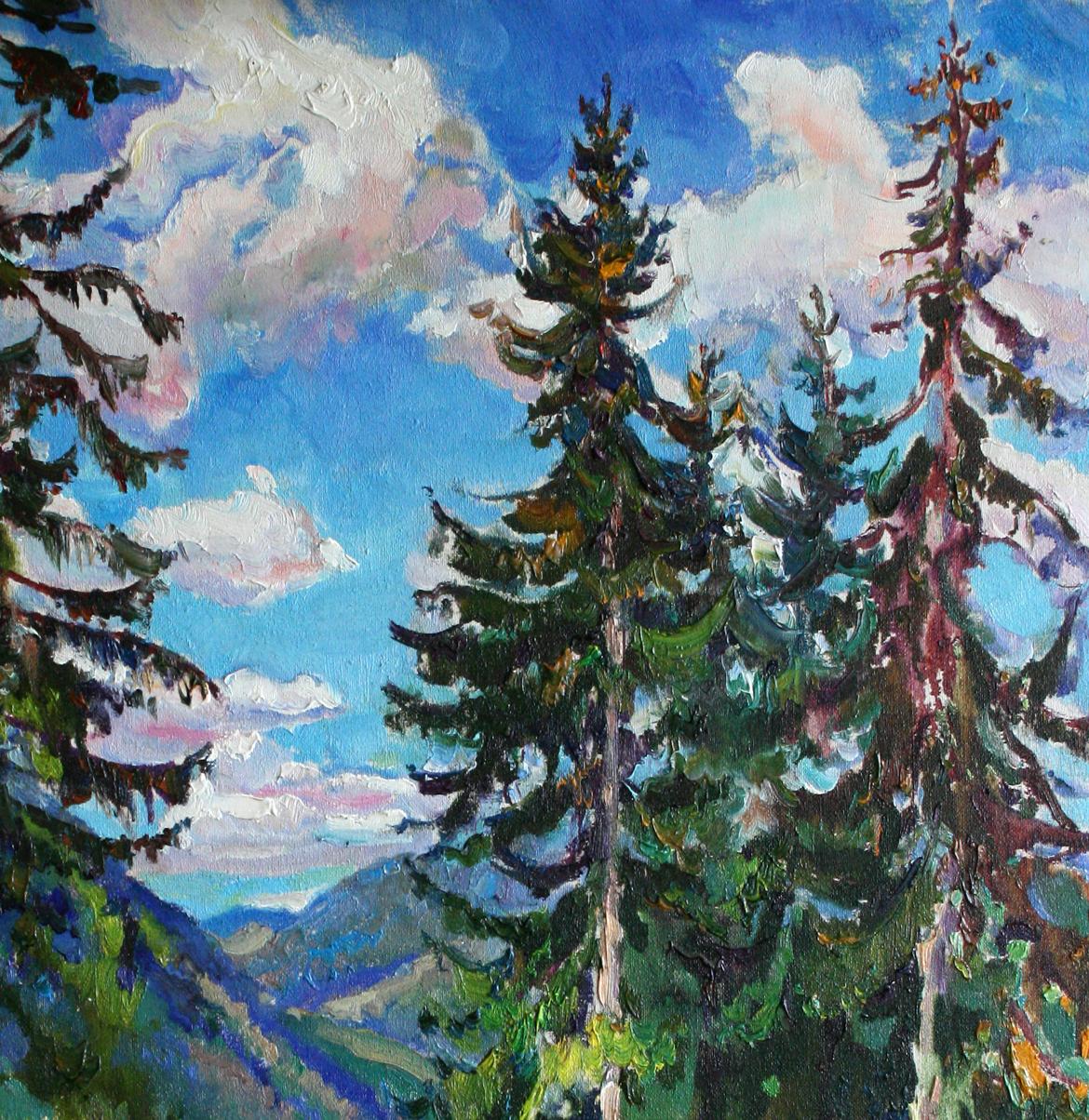 Vibrant impressionist oil painting Sunny day Leonid Pavlenko evergreen trees blue sky