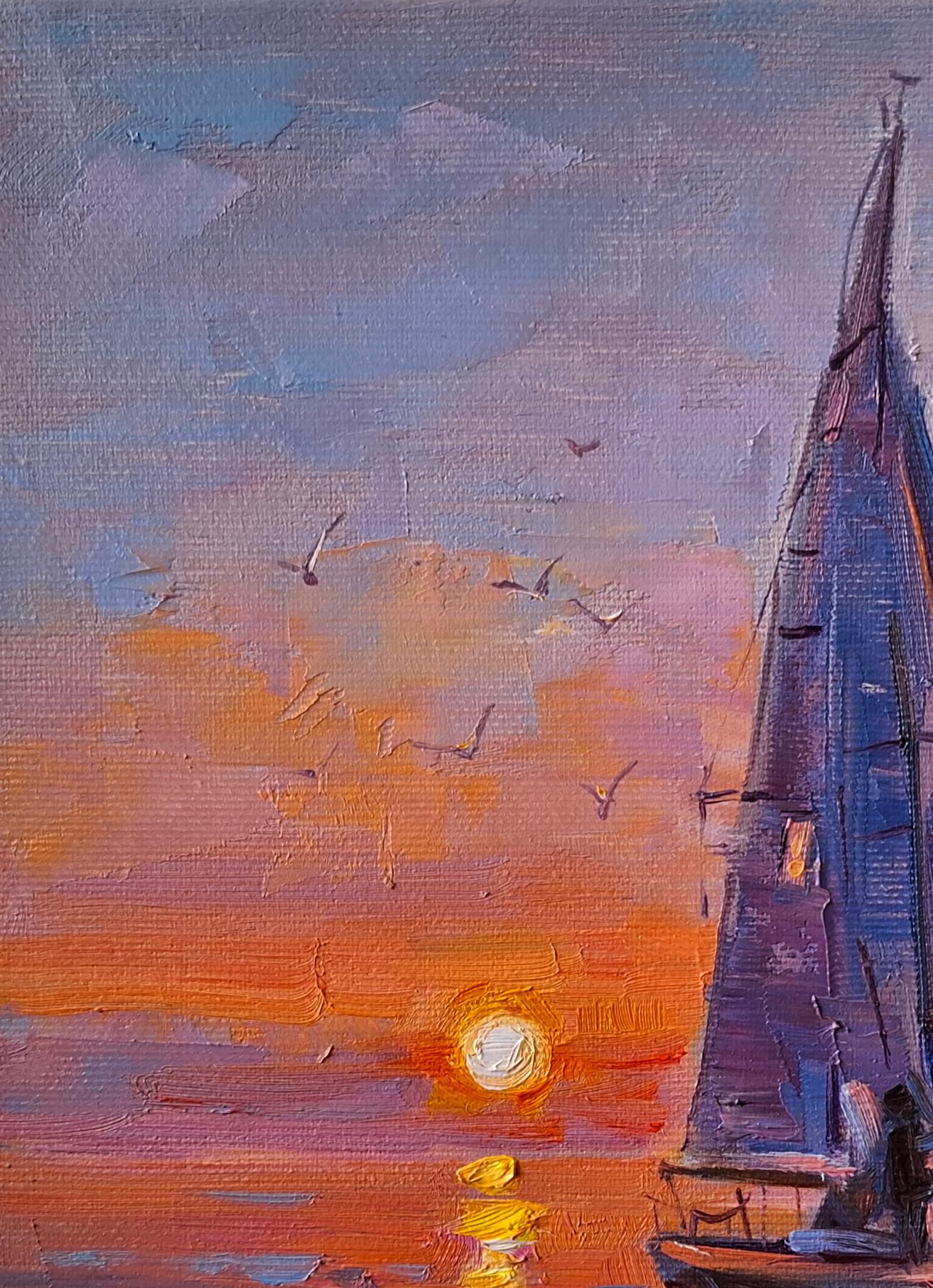 Oil painting Evening at Sea by Vyacheslav Pereta: sailboat at sunset