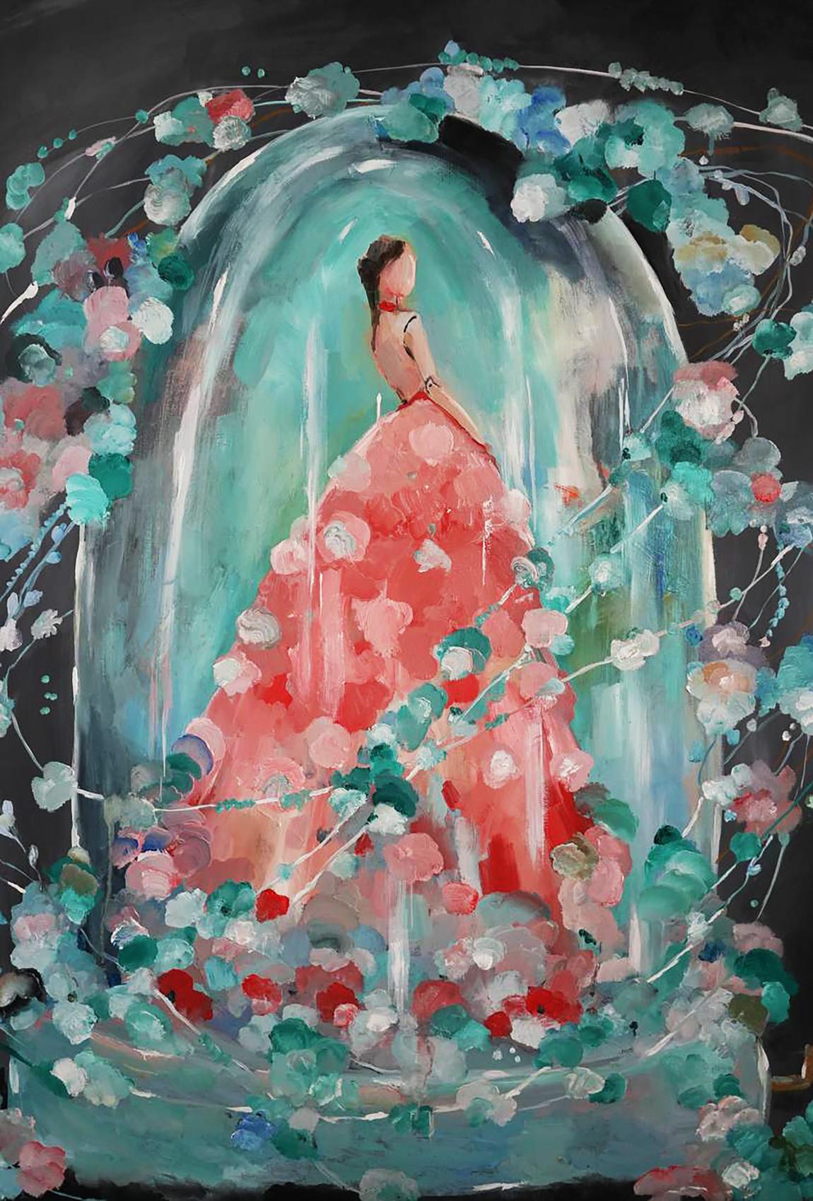 Oil painting Doll Victoria Kagalovska: woman in coral-red floral gown under blossoms