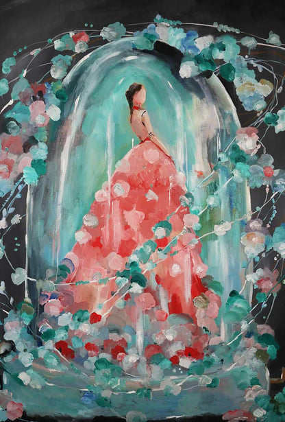 Oil painting Doll Victoria Kagalovska: woman in coral-red floral gown under blossoms